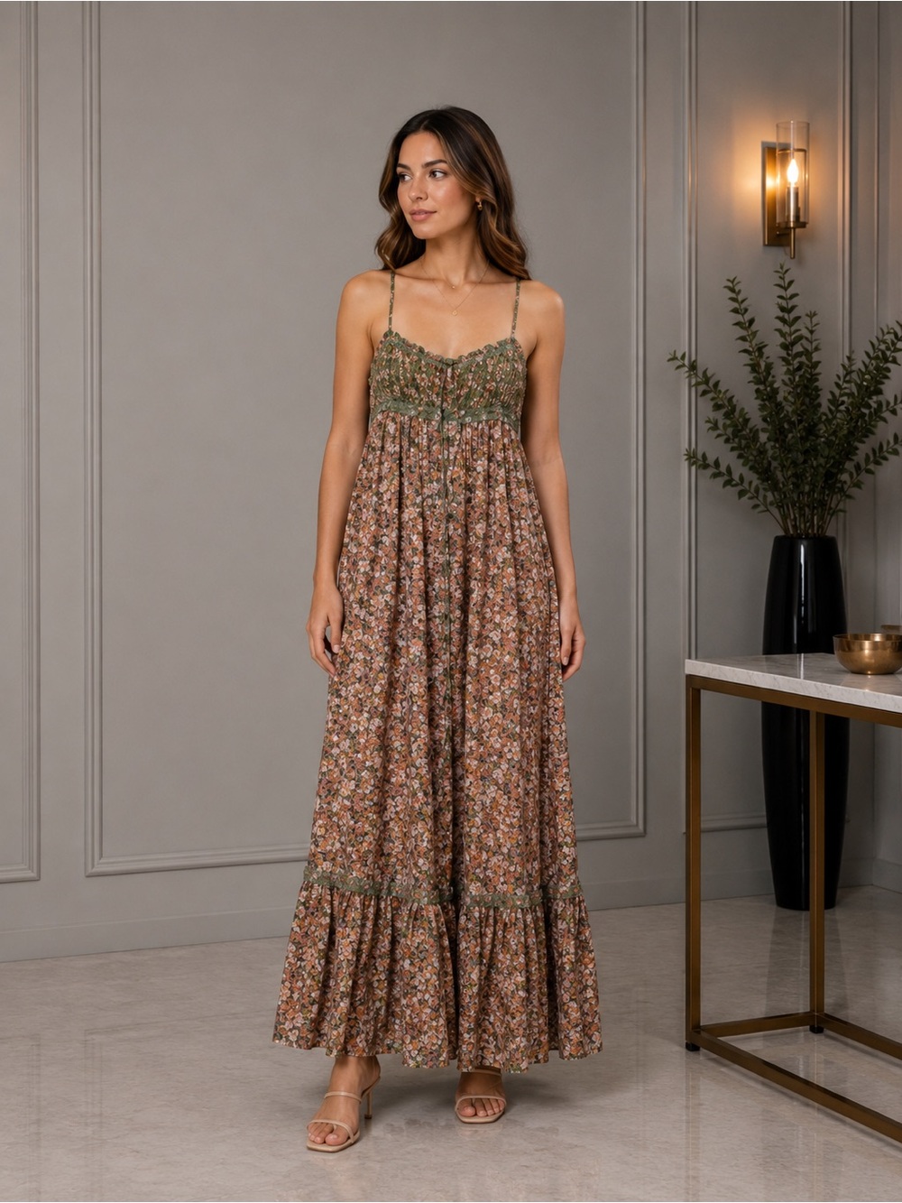 FREE PEOPLE FLORAL PRINT TEA-LENGTH SUNDRESS SMALL B1524